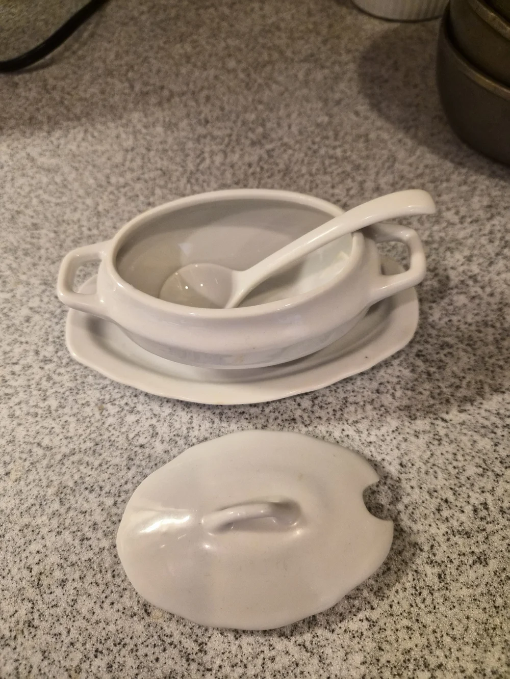 Vintage Knobler White Ceramic Sauce Tureen Set with Lid, Ladle & Underplate